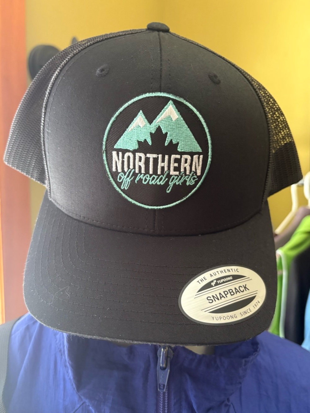 Black Snapback Hat with Teal Embroidery